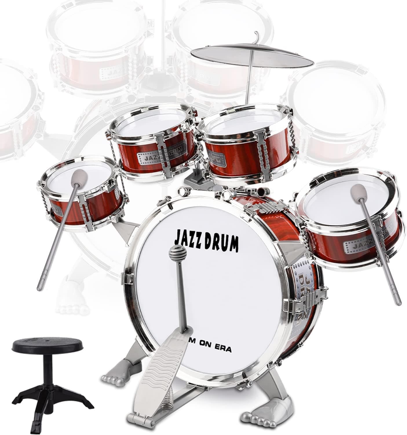 Toddler Drum Set Musical Toy Drum Set for Kids Jazz Drum Kit with Stool with Stool, Bass Drum, Cymbal, 2 Drum Sticks and 4 Small Drums Toys for 3 4 5 Year Old Boys Girls Gifts