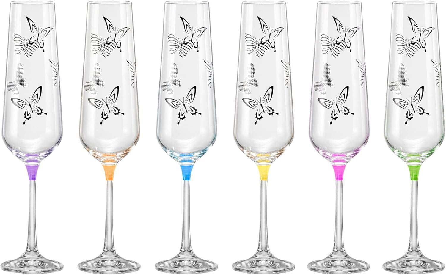 Champagne - Flute - Glass - Glass Crystal - Wedding Toasting Flutes - With Butterfly Imprint - Assorted Colour Stem - Set of 6 Glasses - by Barski - 9 oz. - Gift Boxed - Made in Europe