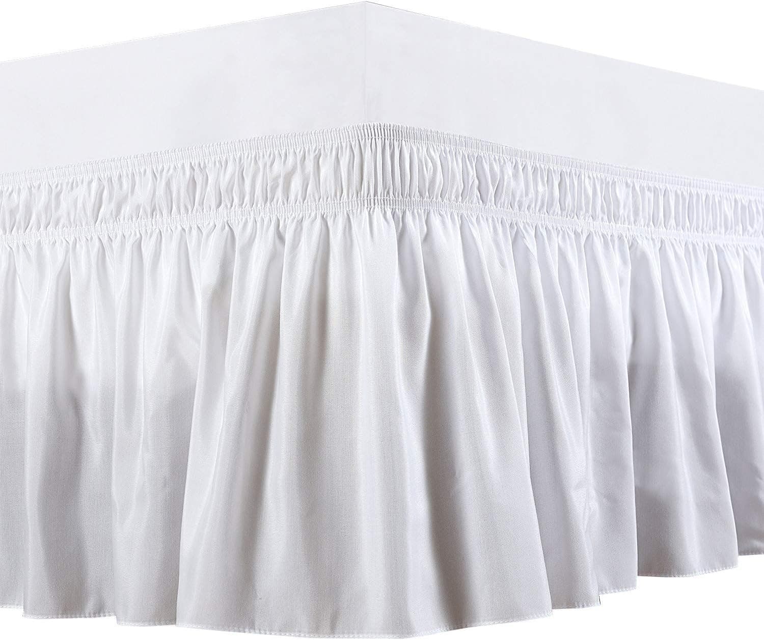 Wrap Around Bed Skirt - 100% Microfiber Elastic Dust Ruffle - King/Cal King Size with 18" Inches Drop, White - 3 Sided Silky Soft and Classic Style Look in Your Bedroom