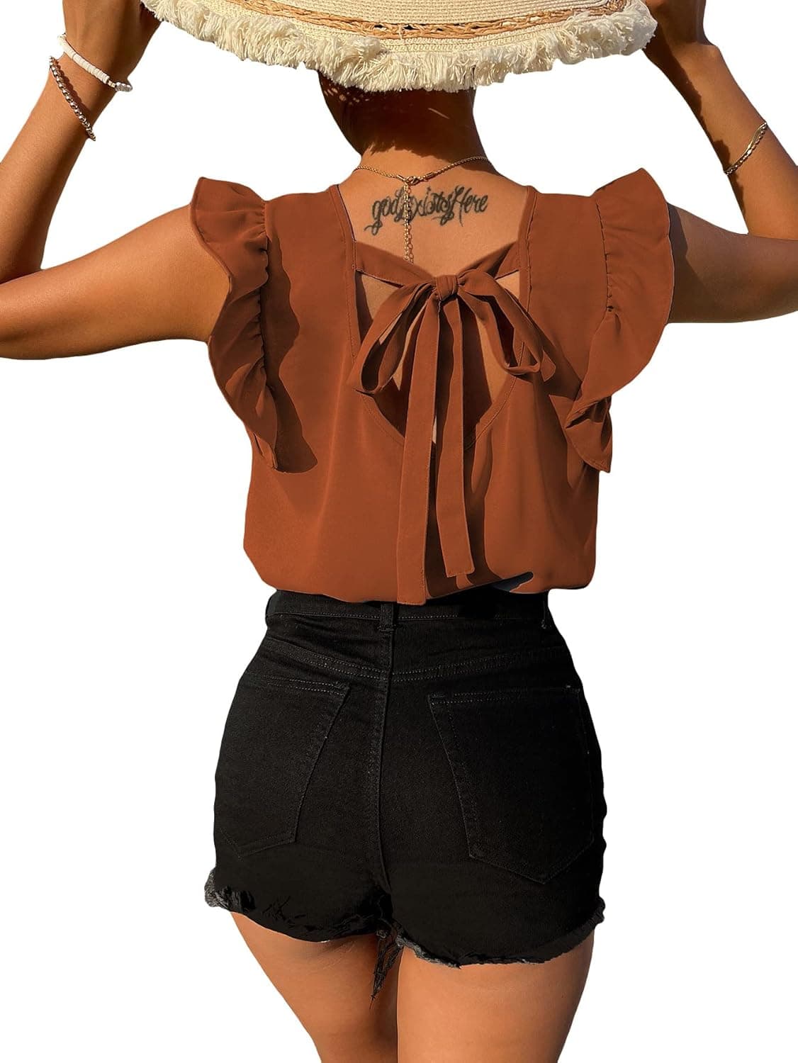 Romwe Women's Summer Casual Tie Back V Neck Cap Sleeve Solid Blouses Ruffle Loose Tunic Tops