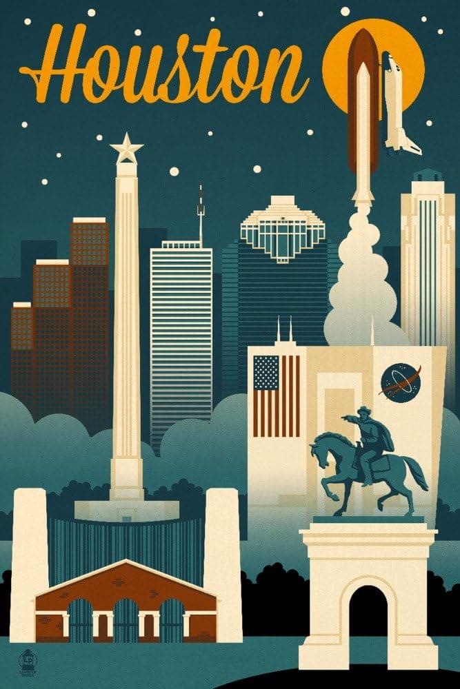 Houston, Texas, Retro Skyline (9x12 Wall Art Print, Home Decor)