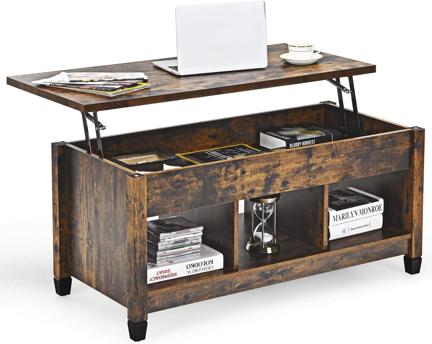 Tangkula Wood Lift Top Coffee Table, Modern Coffee Table w/Hidden Compartment and Open Storage Shelf for Living Room Office Reception Room, Lift Coffee Table (Rustic Brown)