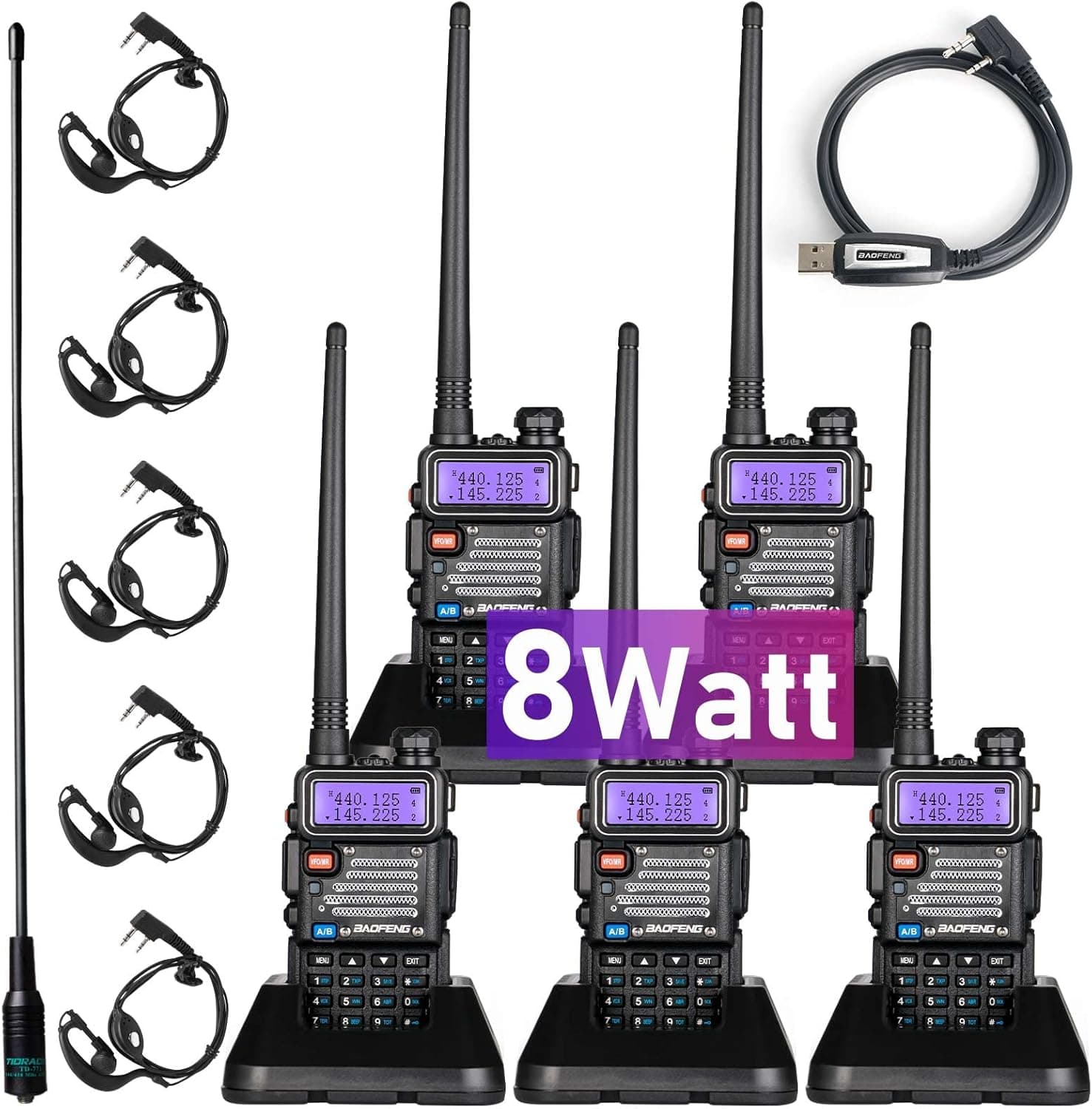 BaoFeng Radio High Power Upgraded BaoFeng UV-5R 144-148Mhz/420-450Mhz Ham Radio Handheld Two Way Radio with TIDRADIO-771 Antenna BaoFeng Walkie Talkie (5 Pack)