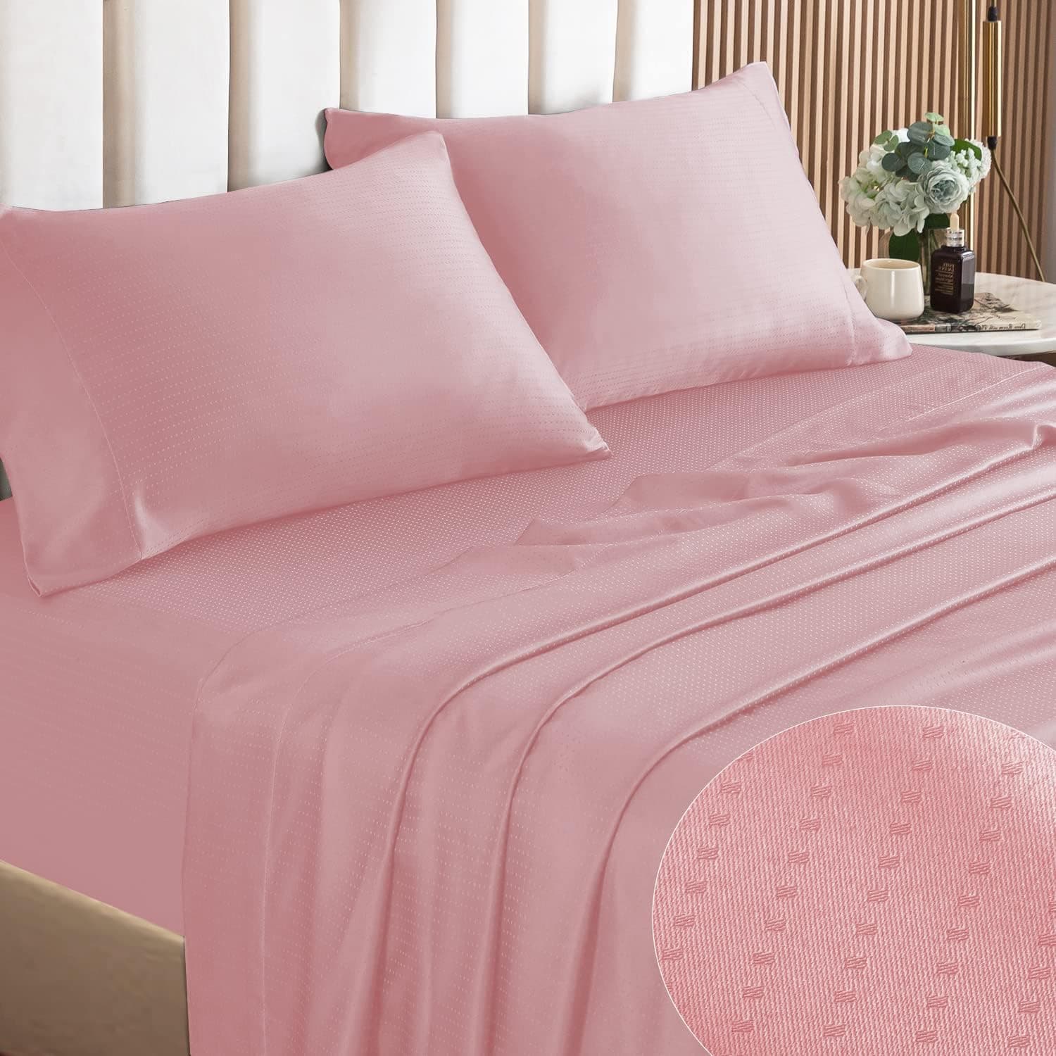 HENGWEI Full Size Sheet Set, 4pc Dobby Dot Pattern Sheet Set, 16”Deep Pocket Sheets, 100% Microfiber Bedding Sheet Sets, Soft Breathable Bed Sheet (Full,Clear Pink)