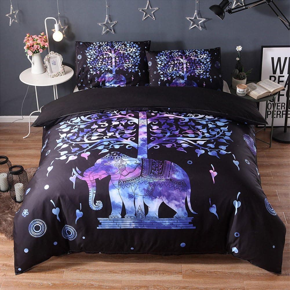 JOXJOZ 3 Piece Bohemian Elephant Mandala Pattern Bedding Printed Boho Duvet Cover Set with 2 Pillow Shams (King (104"x90"), E)