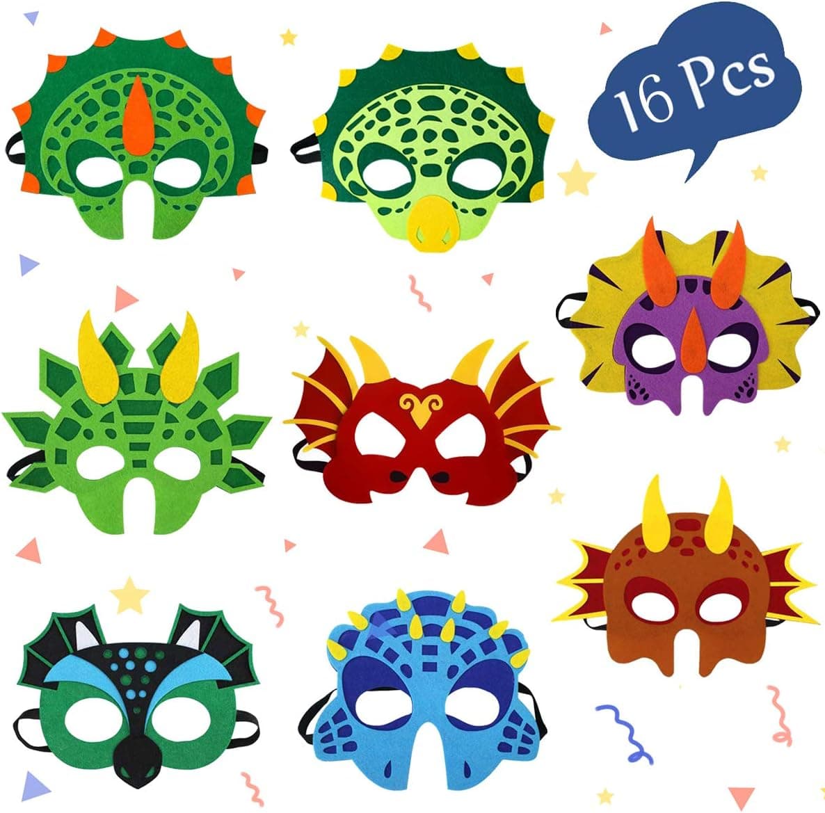 Dinosaur Masks Party Supplies for Kid (16 Packs) Felt and Elastic - Masquerade and Birthday Dinosaur Party Mask Favors Decorations , Perfect for Children Girls Boys Kids