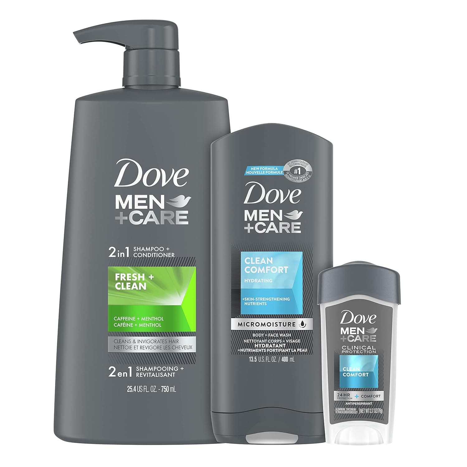 Dove Men+Care Hair + Skin Care Regimen Personal Care for Men Clean Comfort + Fresh & Clean Body Wash, 2-in-1 Shampoo and Conditioner, and Antiperspirant Clinical Deodorant