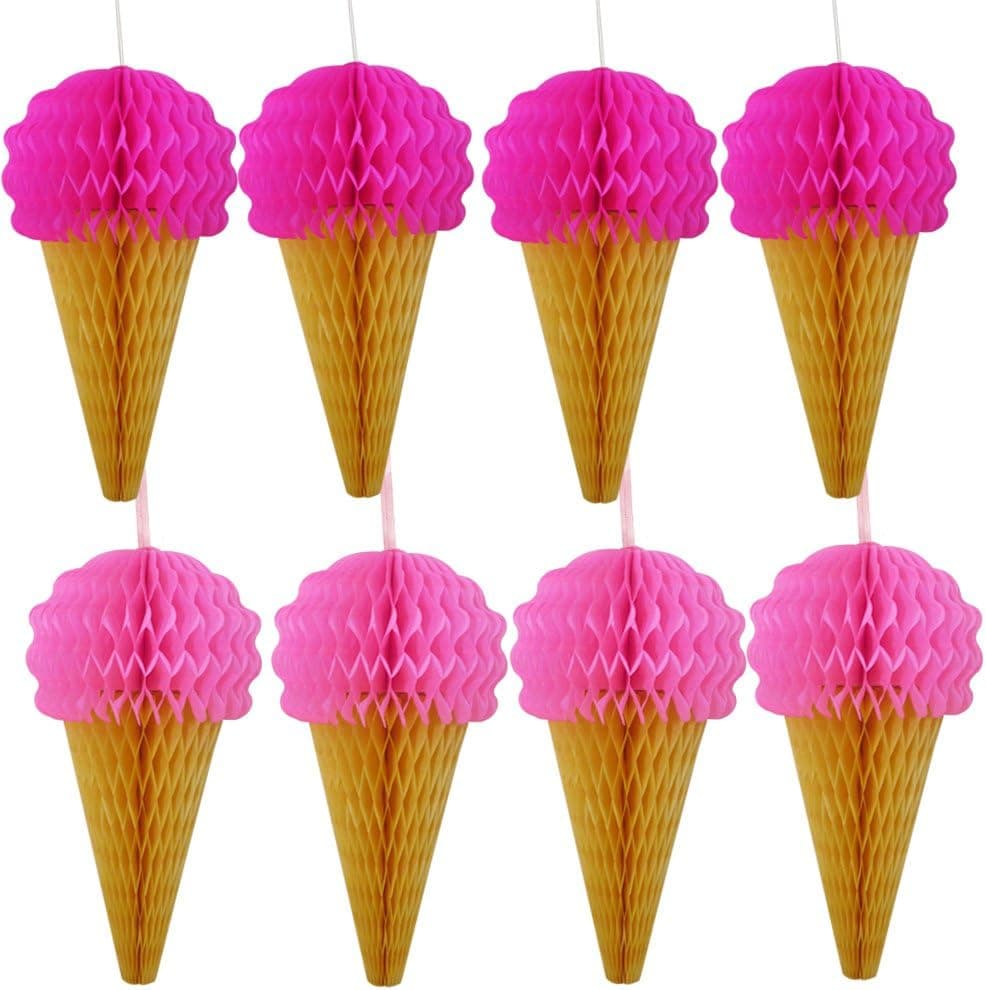 Pink Hanging Honeycomb Ice Cream Decorations - Pack of 8 - Summer Ice Cream Party Hanging Tissue Paper Decorations Are Great For Parties And Events