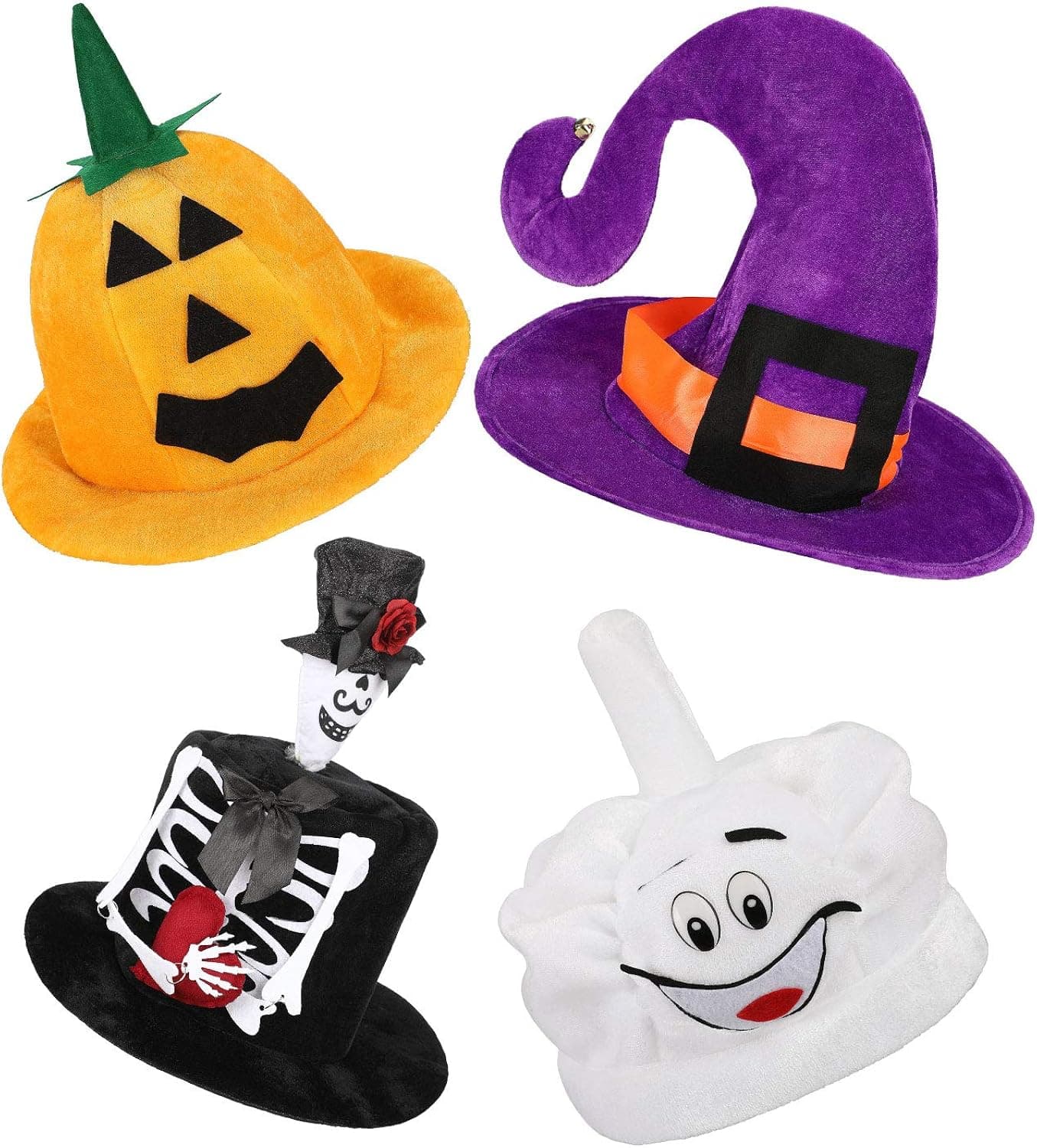 4 Pieces Halloween Hats Set Includes Witch Hat, White Pumpkin Hat, Pumpkin Smile Face Hat and Skull Hat for Halloween Holiday Party Favors Halloween Party Supplies