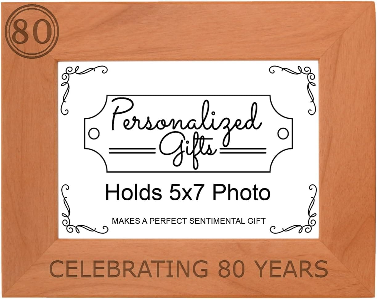 80th Birthday Gift Celebrating 80 Years Natural Wood Engraved 5x7 Landscape Picture Frame Wood