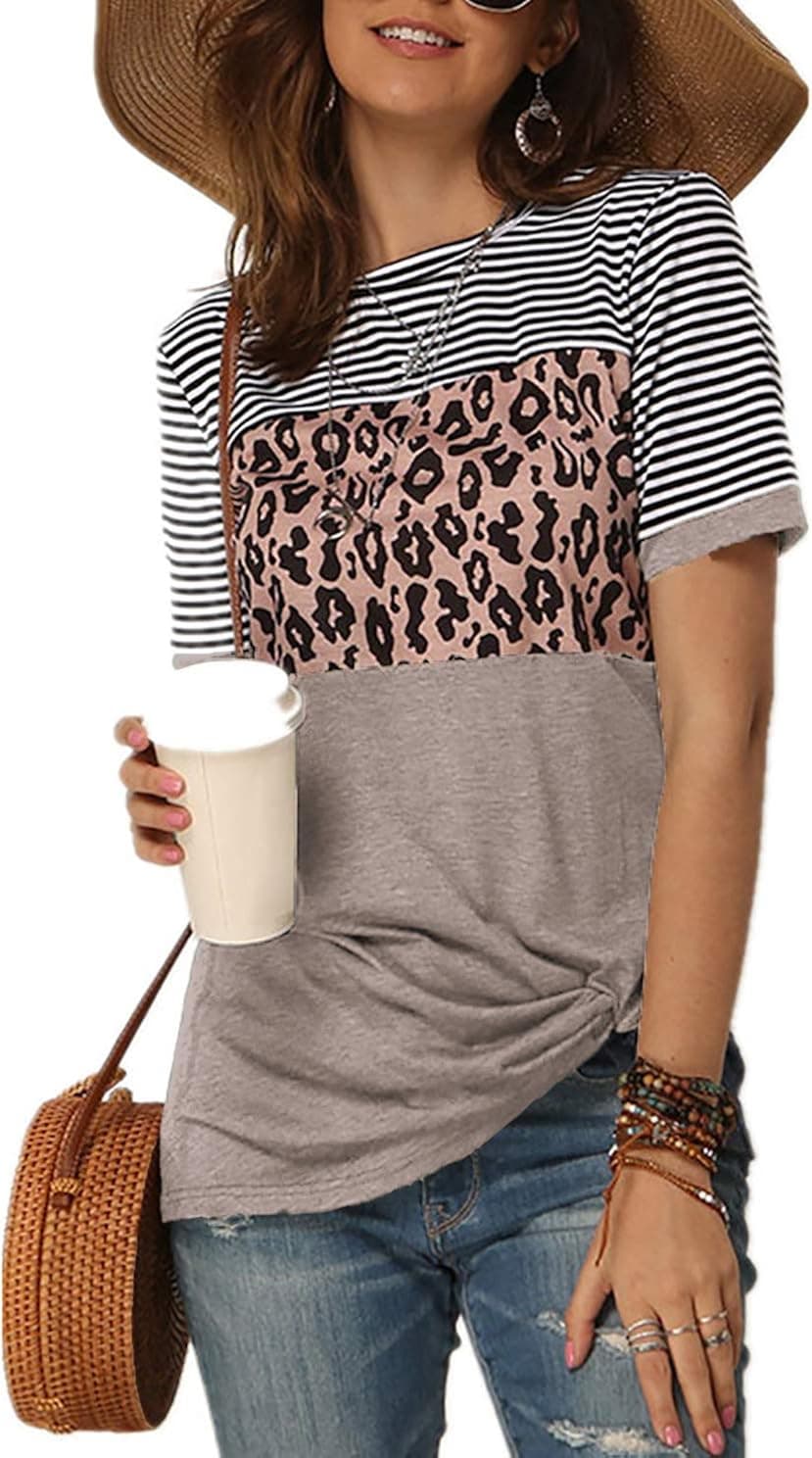 Necooer Womens Casual Crewneck Twist Knot Blouse Short Sleeve Color Block Fashion Striped Tops Shirts Loose Fit