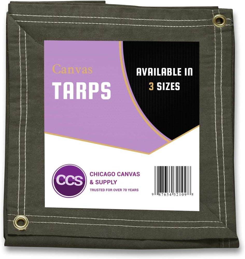 Extra Heavy Duty Waterproof 21 Ounce Canvas Tarp by CCS CHICAGO CANVAS & SUPPLY – Extra Durable Camping Tarp Cover with Rustproof Grommets for Industrial & Commercial Use, Olive Drab, 8 by 10 Feet