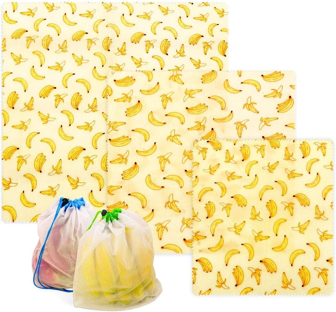 Hsicily Reusable Beeswax Wraps and Mesh Bags, Eco Friendly Sustainable Reduce Plastic Waste - Organic Food Wraps 3 Pcs and produce bags 2 Pcs for Food Storage, Breathable Wraps Handmade