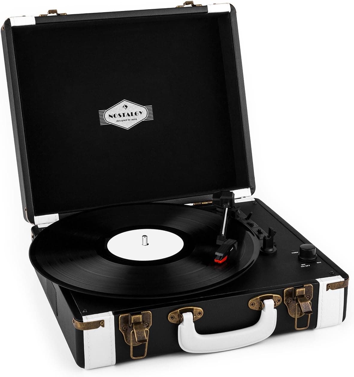 AUNA Jerry Lee, Record Player, Portable Suitcase, Phonograph, Vintage Turntable, Built-in Stereo Speakers, USB, Vinyl-to-MP3 Recording, 3 Speeds, Belt Drive, Black and White
