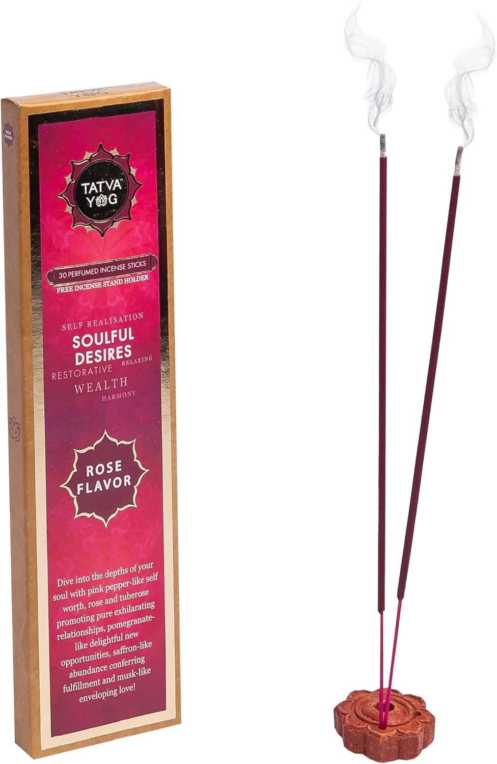 TATVA YOG 30 Perfumed Incense Sticks with Free Incense Stand Holder | Sandalwood | Rose | Jasmine | Patchouli | Lavender | Gardenia | Flavors (1, Rose Flavor)