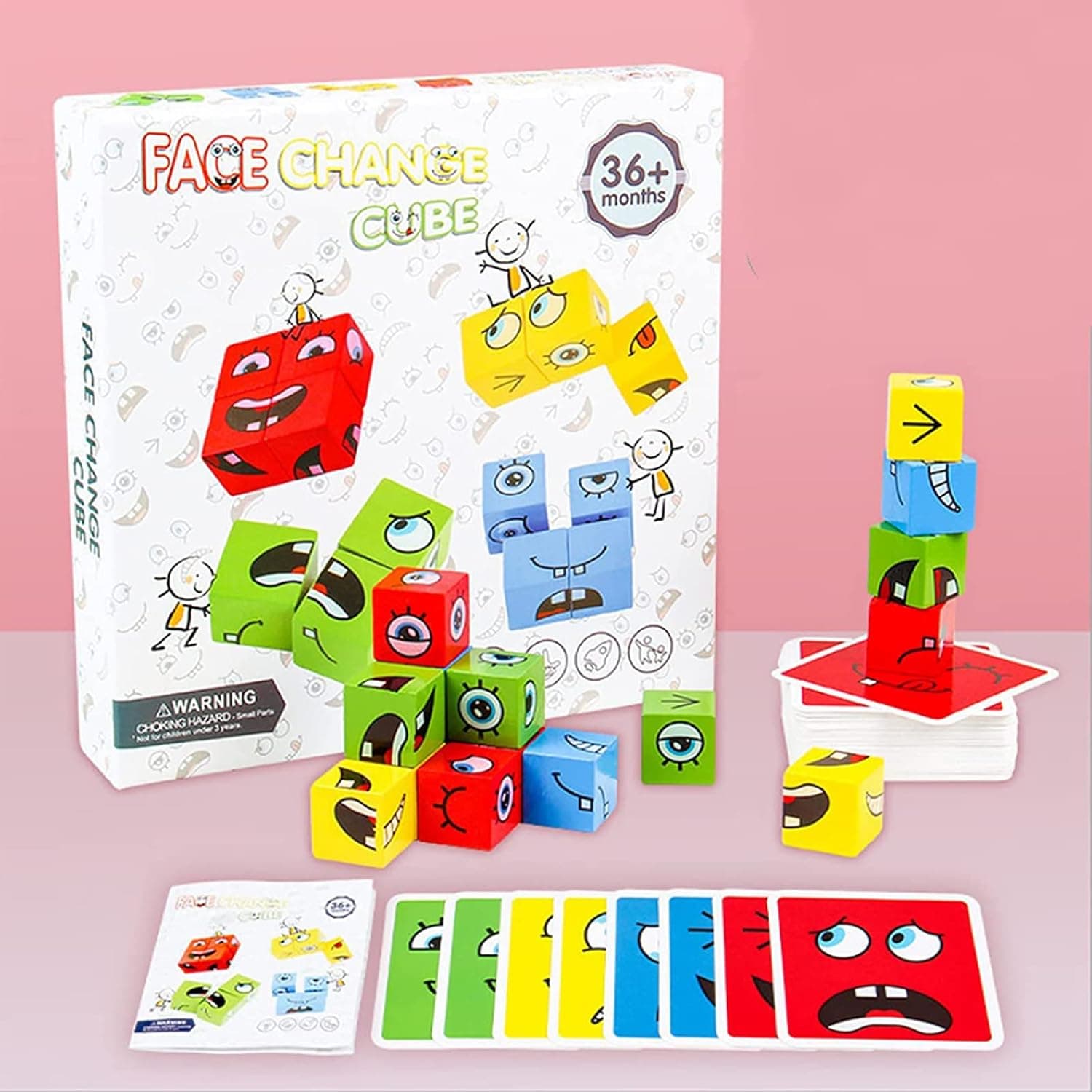 Expression Puzzle Building Cubes Wooden Face-Changing Magic Cube Building Blocks Matching Game Logical Thinking Training Brain Toy Borad Games Educational Montessori Toys (B)