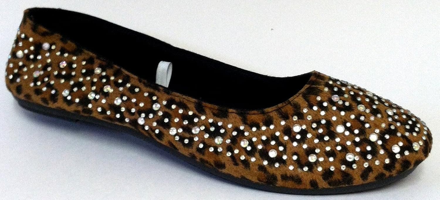 Womens Ballerina Ballet Flats Shoe W/All Over Stones (7, Leopard Twinkler)