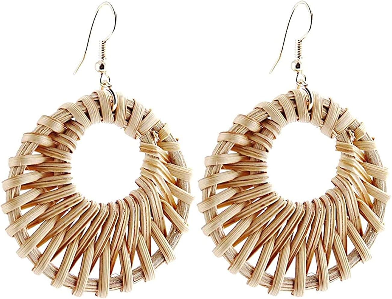 Rattan Earrings for Women Weave Straw Dangle Earrings Boho Handmade Circle Drop Statement Earrings (beige)