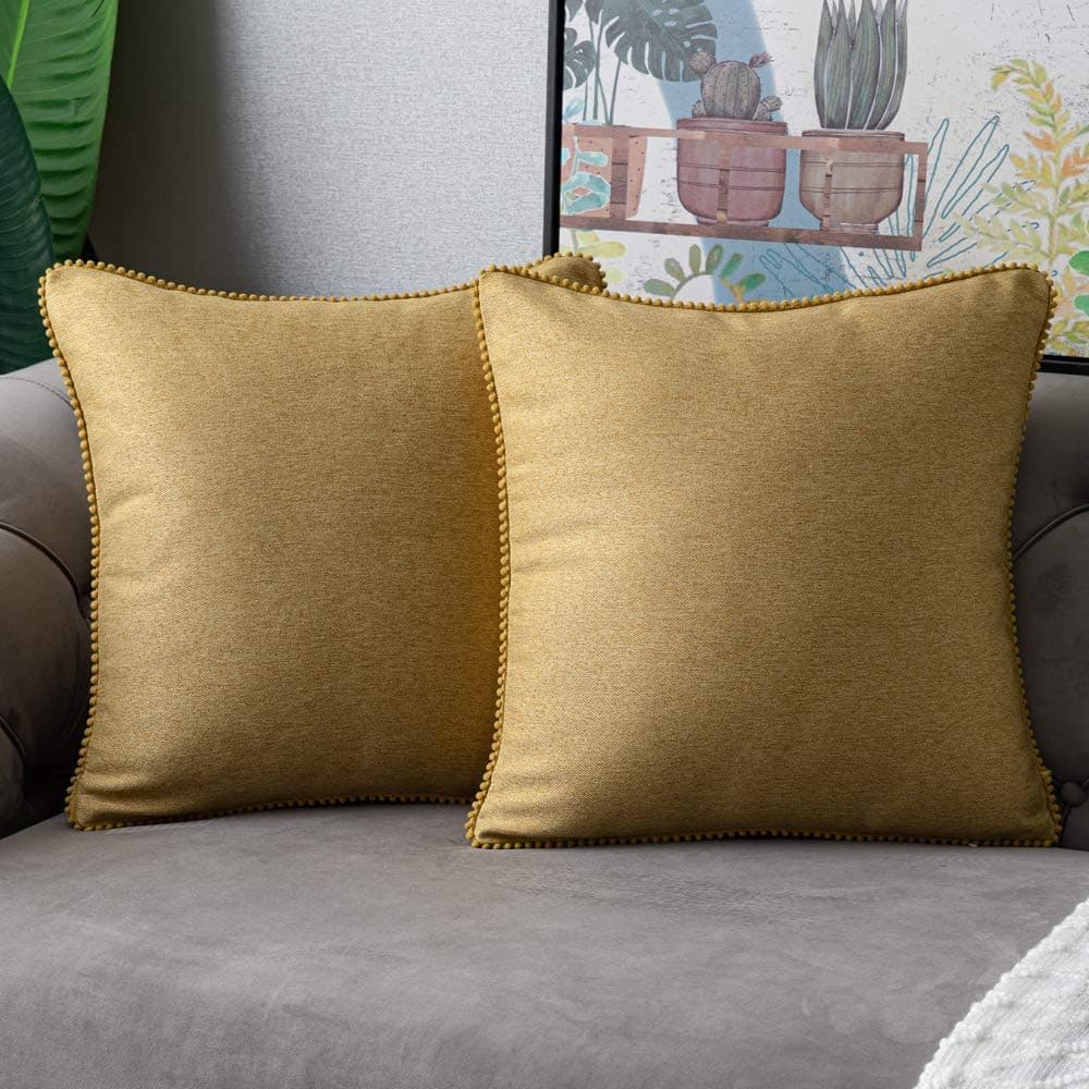 WLNUI Set of 2 Turmeric Pillow Covers 18x18 Inch Rustic Cute Pom Poms Decorative Throw Pillow Covers Square Cushion Case for Farmhouse Home Couch Sofa Decor
