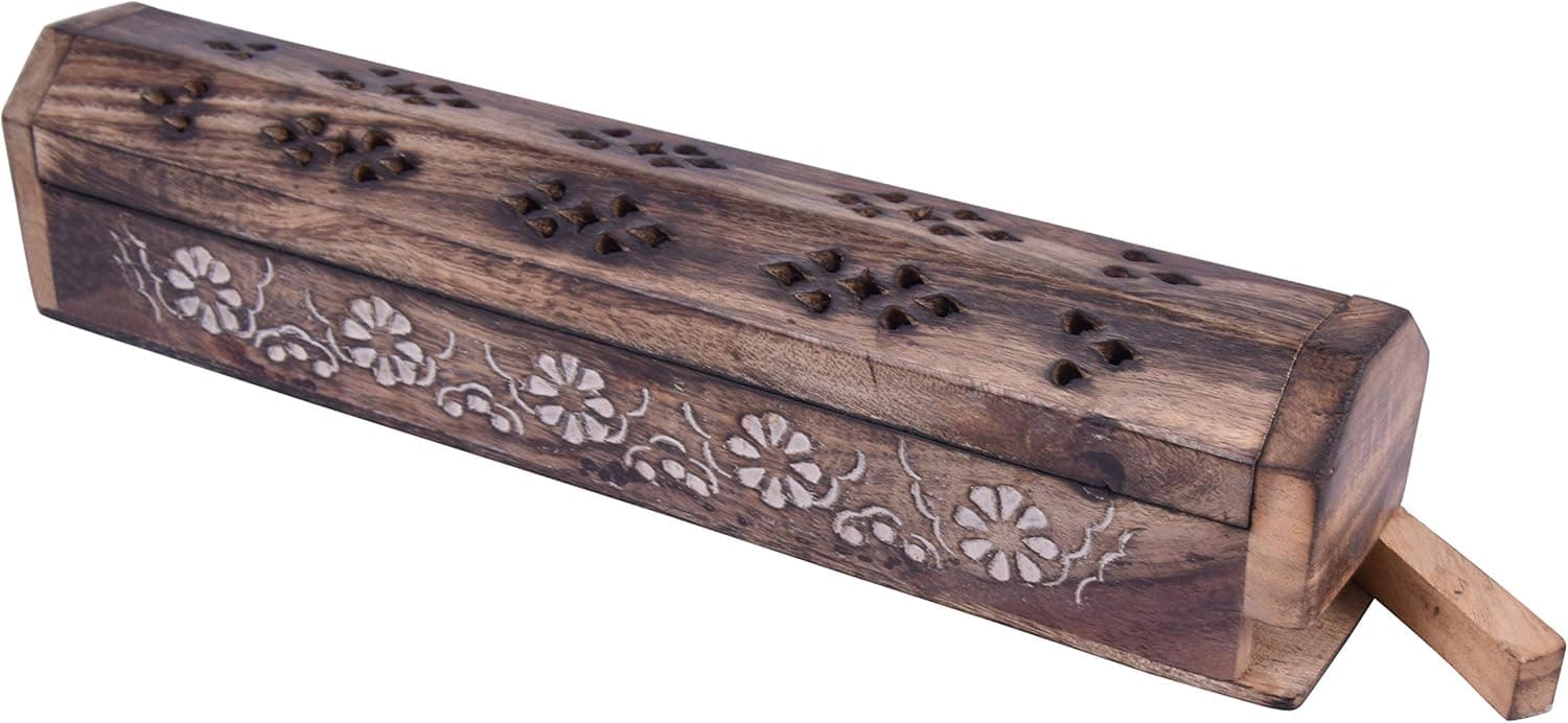 diollo Coffin Style Mango Wood Incense Burner Stick Holder with Floral Brass Inlays - 12X2.24X2 Inches Antique Brown 3