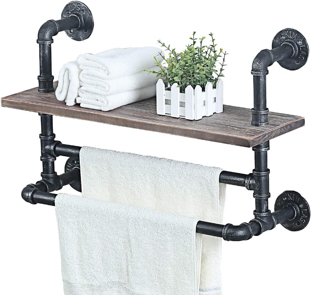 Industrial Pipe Bathroom Shelves Wall Mounted with 2 Towel Bar,24in Rustic Wall Decor Farmhouse Towel Rack,Metal Floating Shelves Towel Holder,Wall Shelf Over Toilet