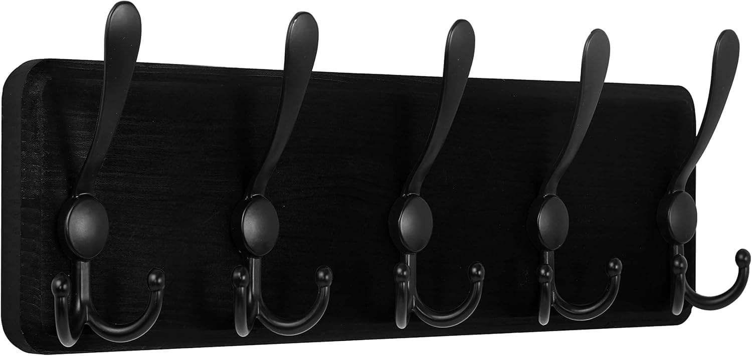 WEBI Coat Rack Wall Mount,Coat Hooks Wall Mounted Rustic,16’’ Hole to Hole,Large Coat Hanger Wall,Wood Hook Rack,5 Triple Hooks for Hanging Coats,Jacket,Clothes,Black