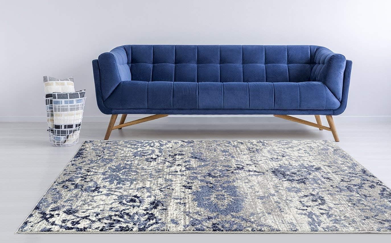 ADGO Ravenna Collection Modern Contemporary Floral Design Live Vivid Color Jute Backed Area Rugs Tall Pile Height Soft and Fluffy Indoor Floor Rug, Navy Blue Grey, 8' x 10'