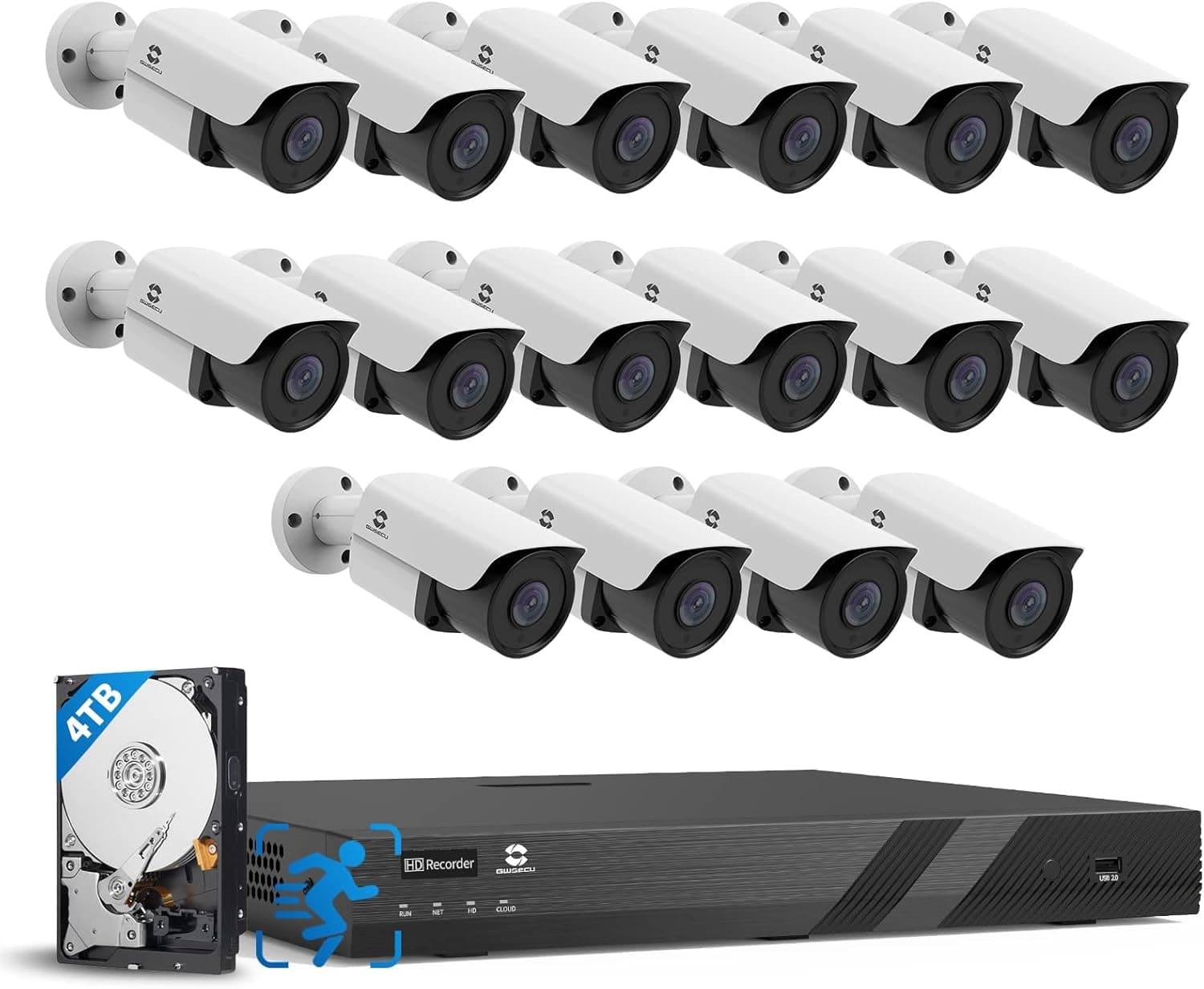 GWSECU 4K 16 Channel PoE Home Security Camera System, 4K/8MP Video Surveillance NVR with 4TB HDD, 16PCs 5MP 2.8mm 110° Wide Angle Person Detection IP Bullet Cameras Business 24/7 Audio Recording