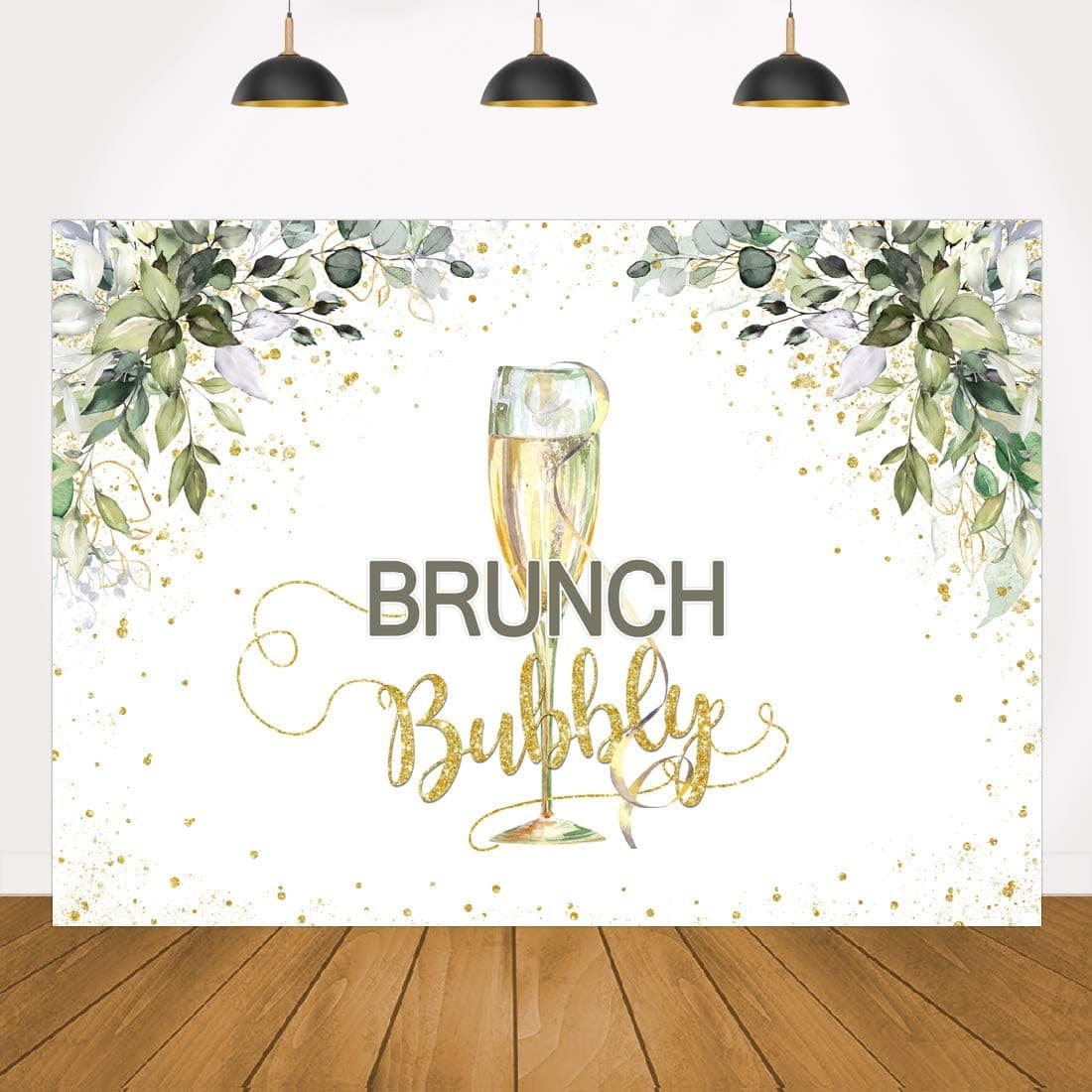 Lofaris 7x5ft Brunch and Bubbly Bridal Shower Party Backdrop White and Green Glitter Gloden Leaves Champagne Background Rustic Wedding Bachelorette Engagement Banner Spring Photography Studio Props