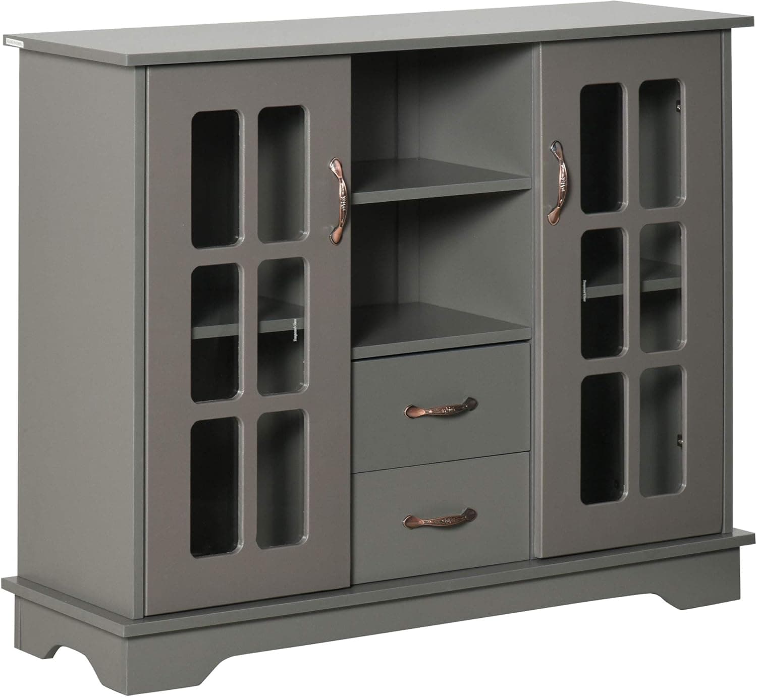 HOMCOM Sideboard Buffet Cabinet, Kitchen Cabinet, Coffee Bar Cabinet with 2 Framed Glass Doors, 2 Drawers and 2 Open Shelves for Living Room, Gray