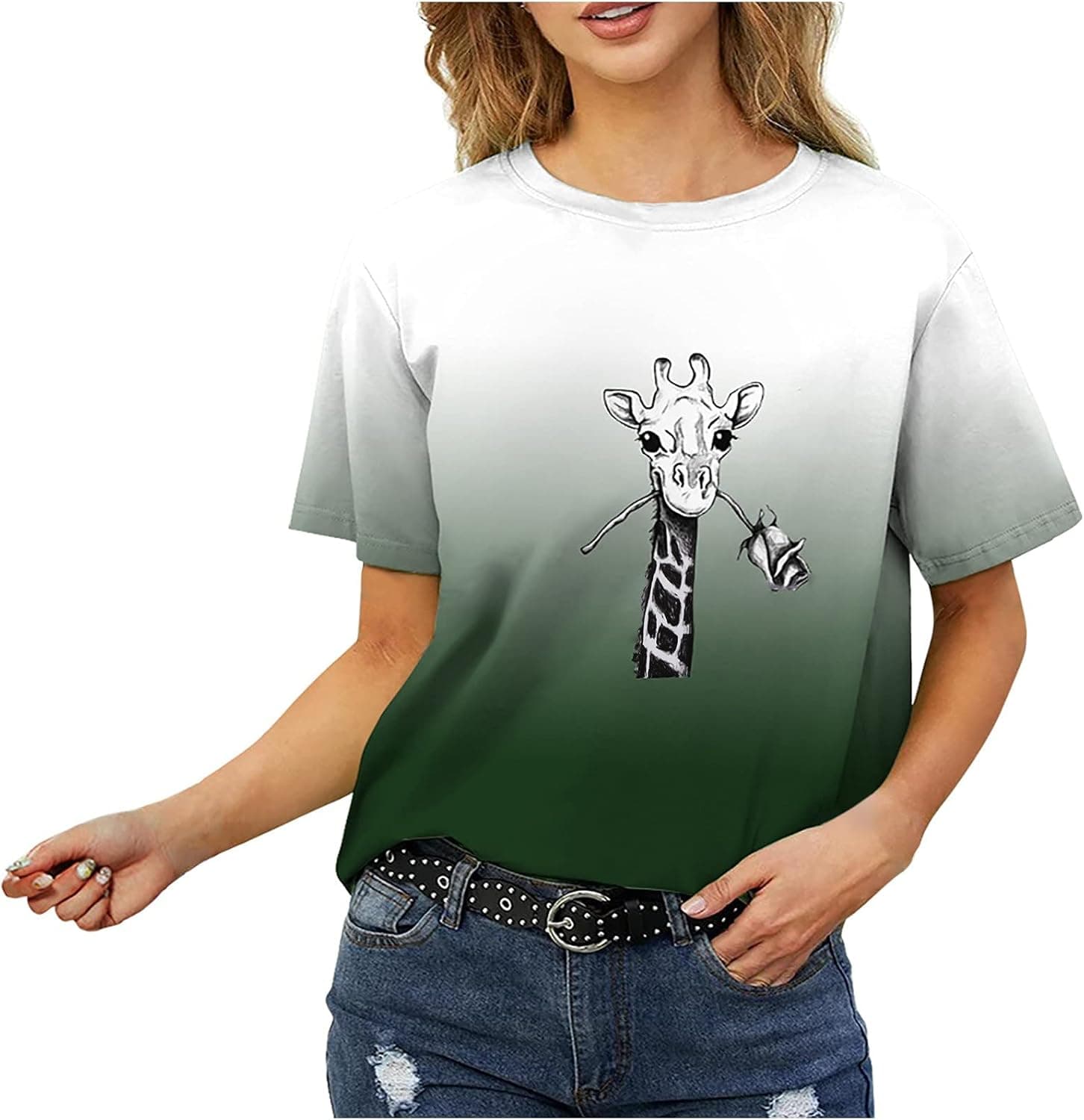 Summer Womens Tops Gradient T-Shirt Giraffe Rose Graphic Tee Tops Trendy Pullover Shirts Teen Girls Blouse