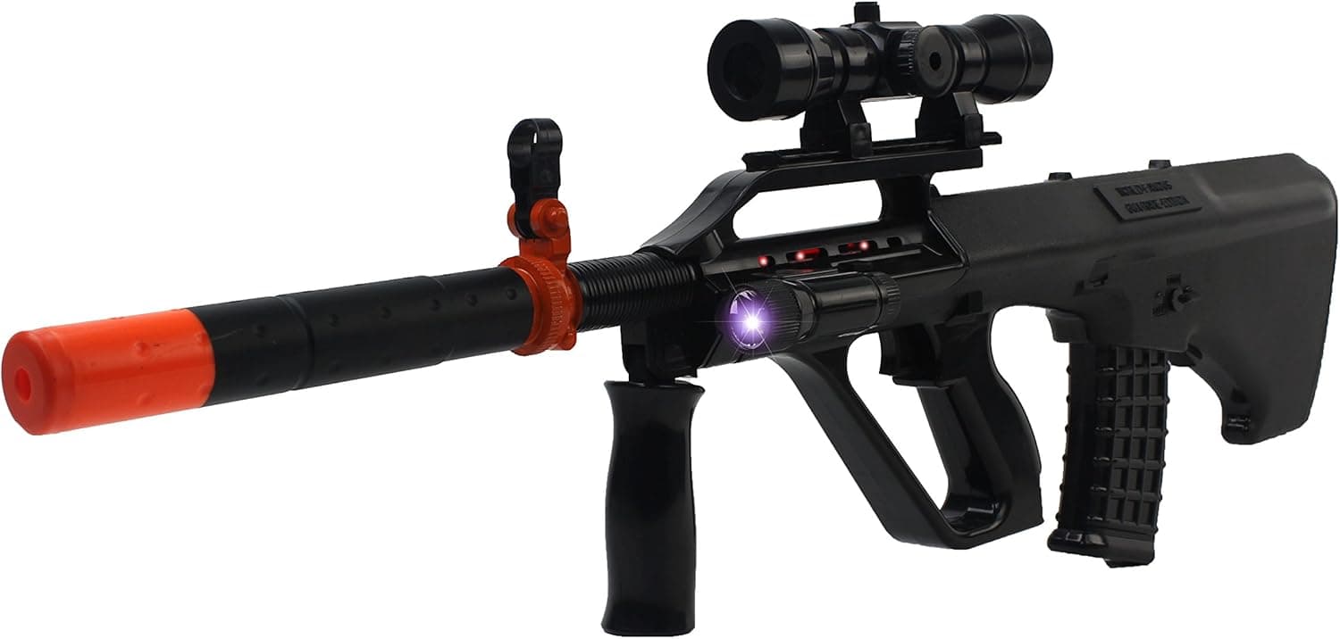 Super Action Toy Gun Steyr AUG Rifle w/ Lights, Sounds, Scope Attachment, Vibrating Recoil Action, Ultraviolet Blue Light Piece, & Foregrip
