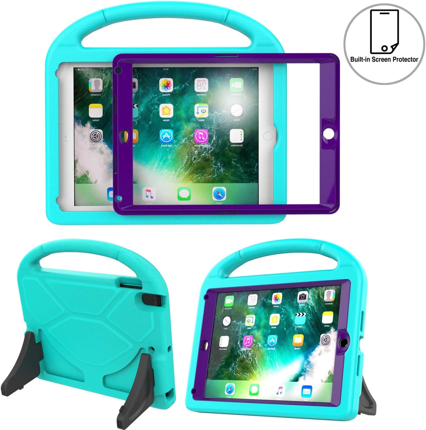 TIRIN Kids Case for iPad 9.7 2018 Case for Kids, Built-in Screen Protector Shockproof Light Weight Friendly Handle Stand Case for iPad 9.7 Inch 2018/2017 (6th/5th Gen) - Turquoise Purple