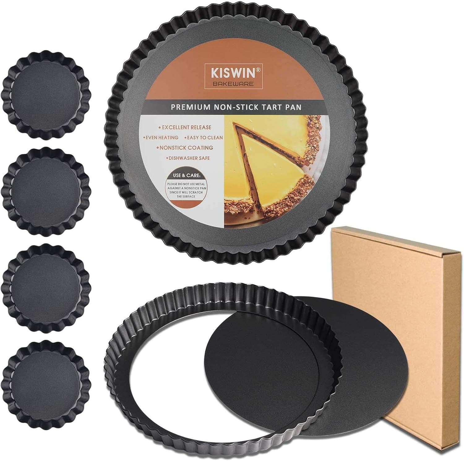 KISWIN Tart Pan Set of 6, 11 Inch, 9.5 Inch and 4 Pcs 4 Inch Heavy Duty Tart Pan Removable Loose Bottom Quiche Pan Nonstick Fluted Tart Tin Baking Mold, Carbon Steel (6 Pack)