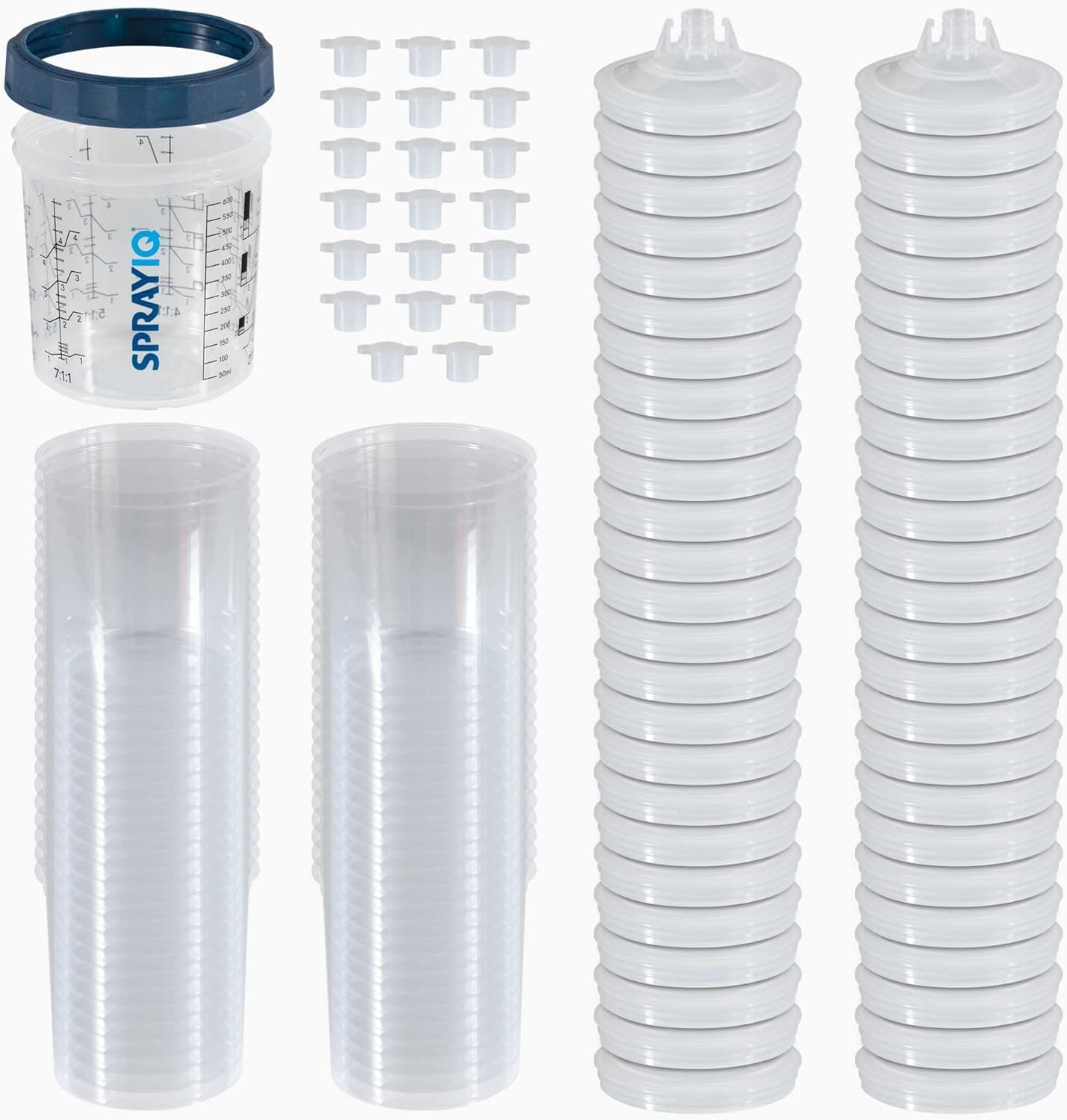 SprayIQ Disposable Paint Spray Gun Cup Set 6oz | 50 Lids & Liners | 1 Hard Cup & Ring | 20 Stoppers - Compatible with Original 1.0 System (not 2.0)