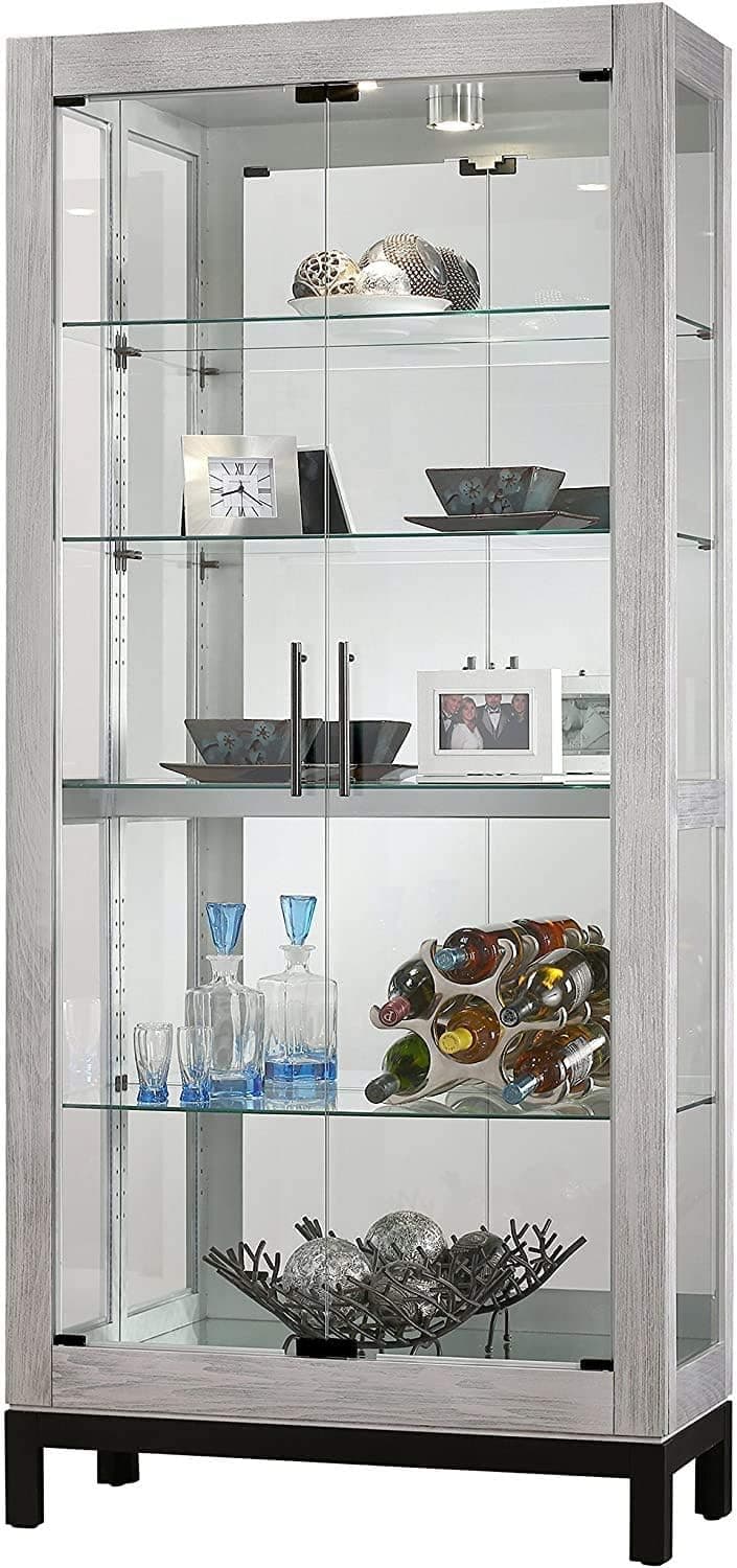 Howard Miller Quinn II Curio Cabinet 680-599 – Burnished Silver Finish Home Decor, Four Glass Shelves, Five Level Display Case, No-Reach Roller Halogen Light