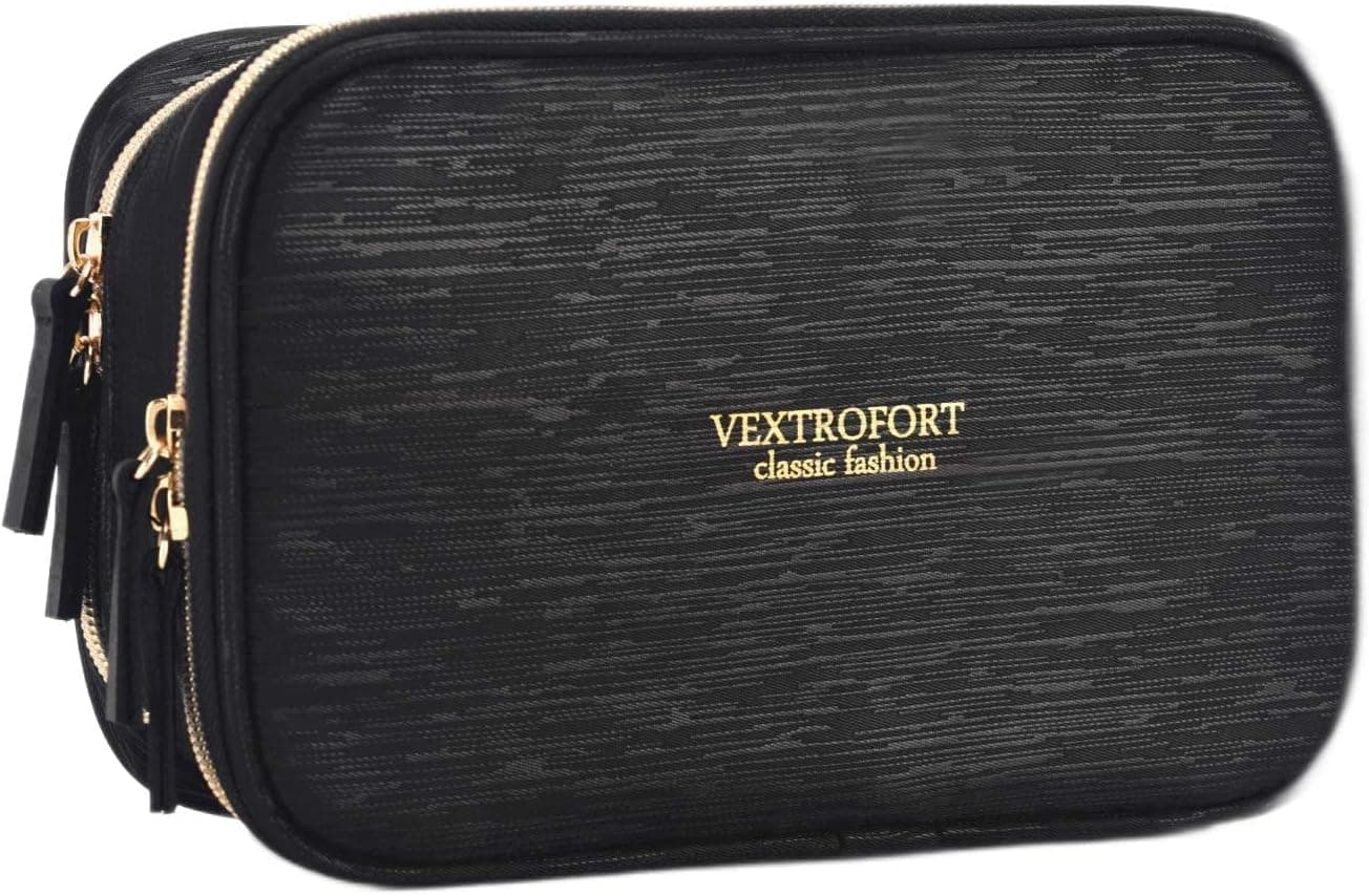VEXTROFORT Small Makeup Bag for Purse Travel Cosmetic Bags for Women with Brush Organizer and Detachable Handle Waterproof (Black)