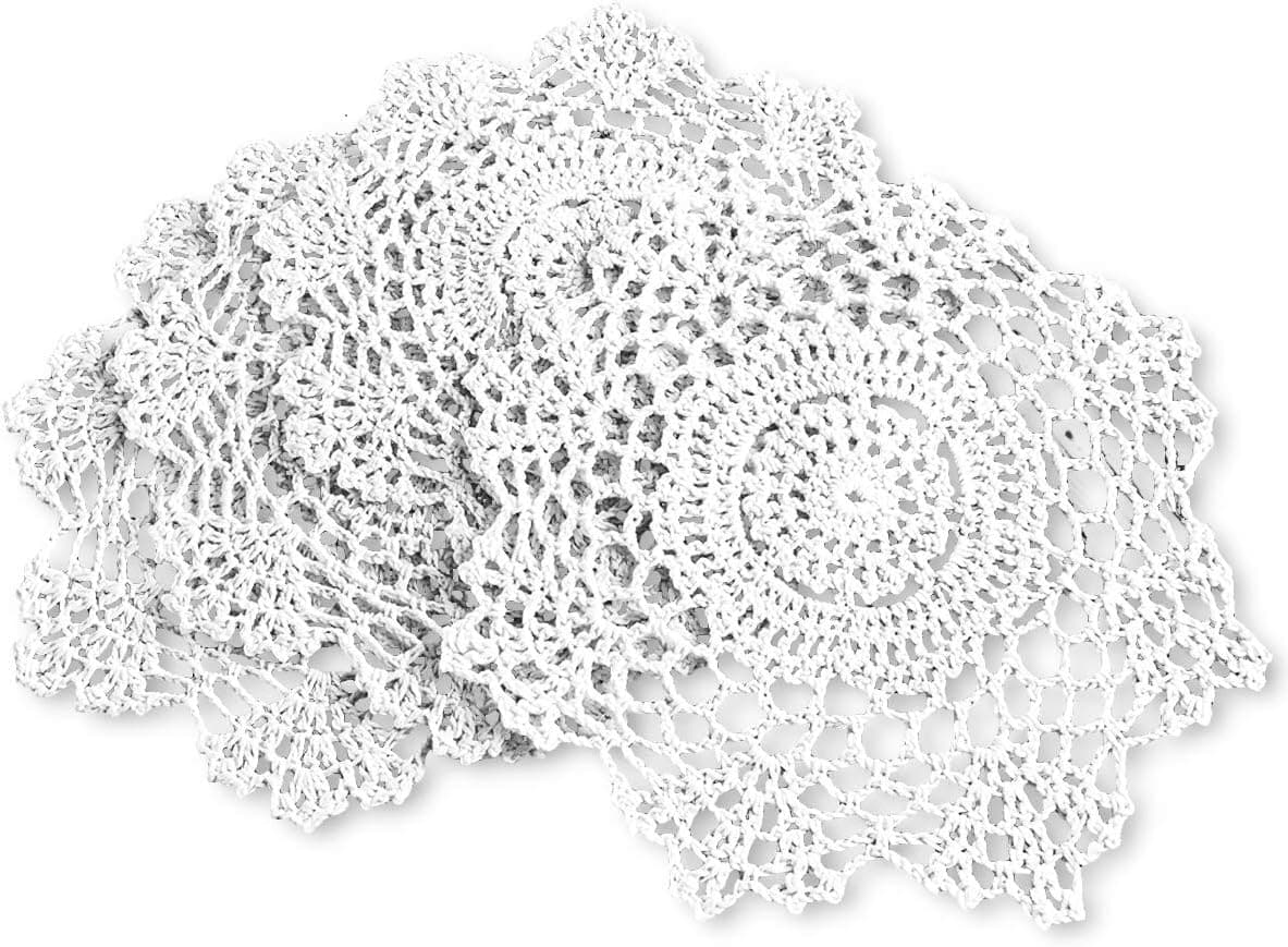 Gracebuy Pack of 4PCS White 7 Inch Round Handmade Crochet Lace Placemats Coasters