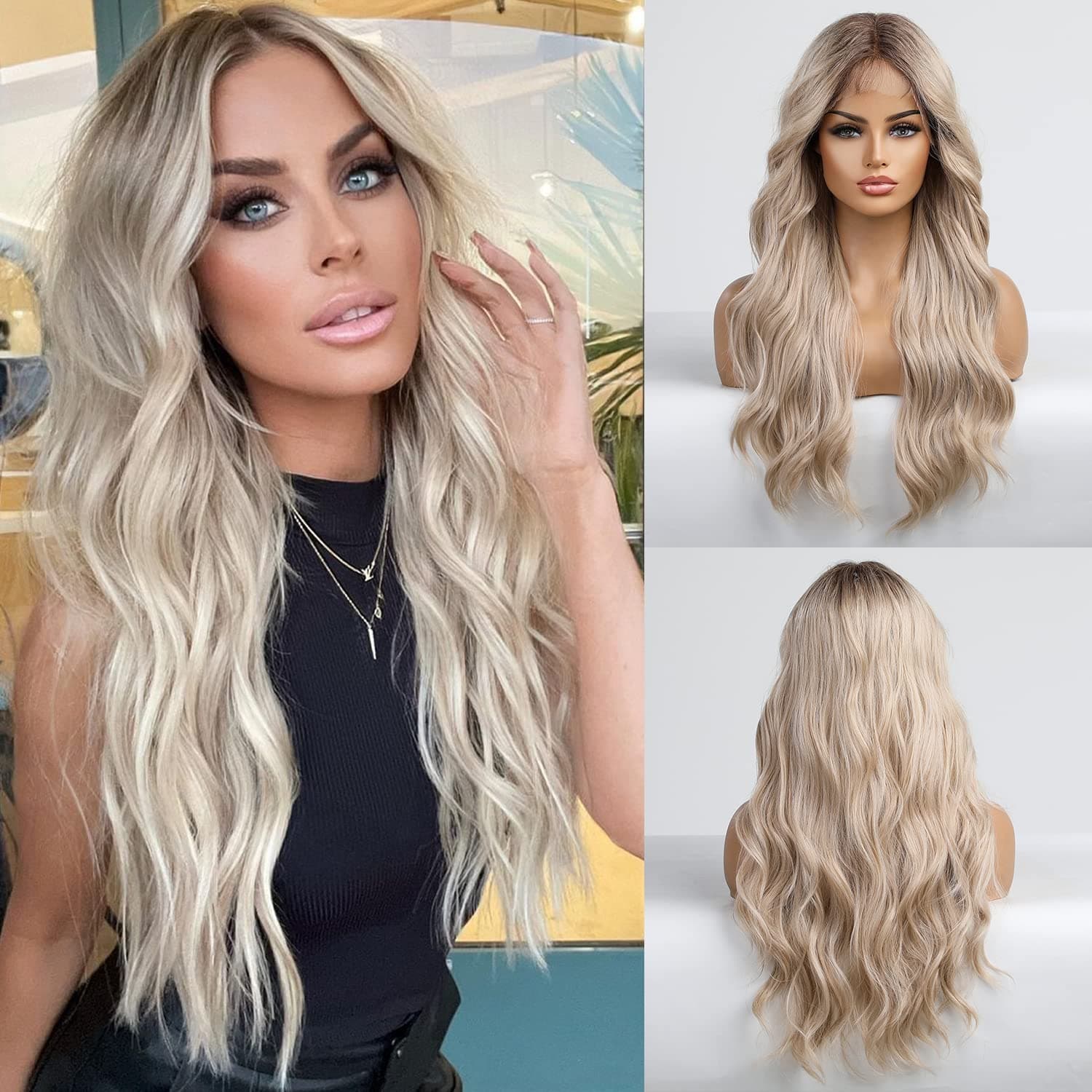 EMMOR Blonde Lace Front Wig Long Wig Loose Wave Middle Part Wig Hand Tied Baby Hair Heat Resistant Synthetic Wig…