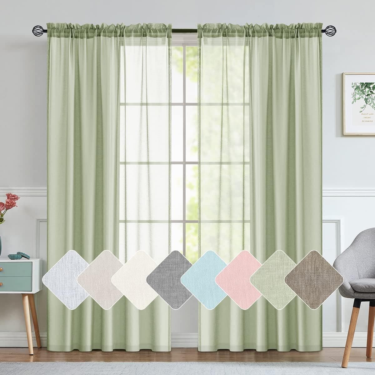 jinchan Sheer Curtains for Living Room 2 Panels Set 84 Inch Length Bedroom Curtains Green Voile Window Curtains Rod Pocket Drapes Light Diffusing Outdoor Curtains Sage