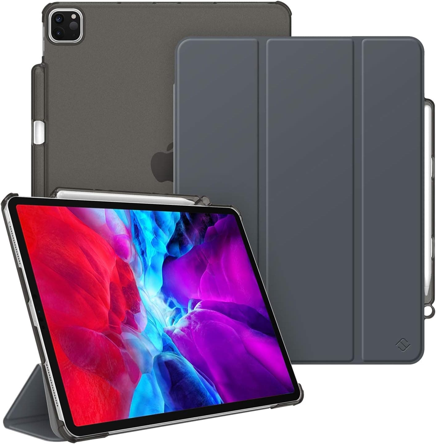 CaseBot SlimShell Case for iPad Pro 12.9" 4th & 3rd Generation 2020/2018 with Pencil Holder - Lightweight Cover Translucent Frosted Stand Hard Back, Auto Wake/Sleep (Space Gray)