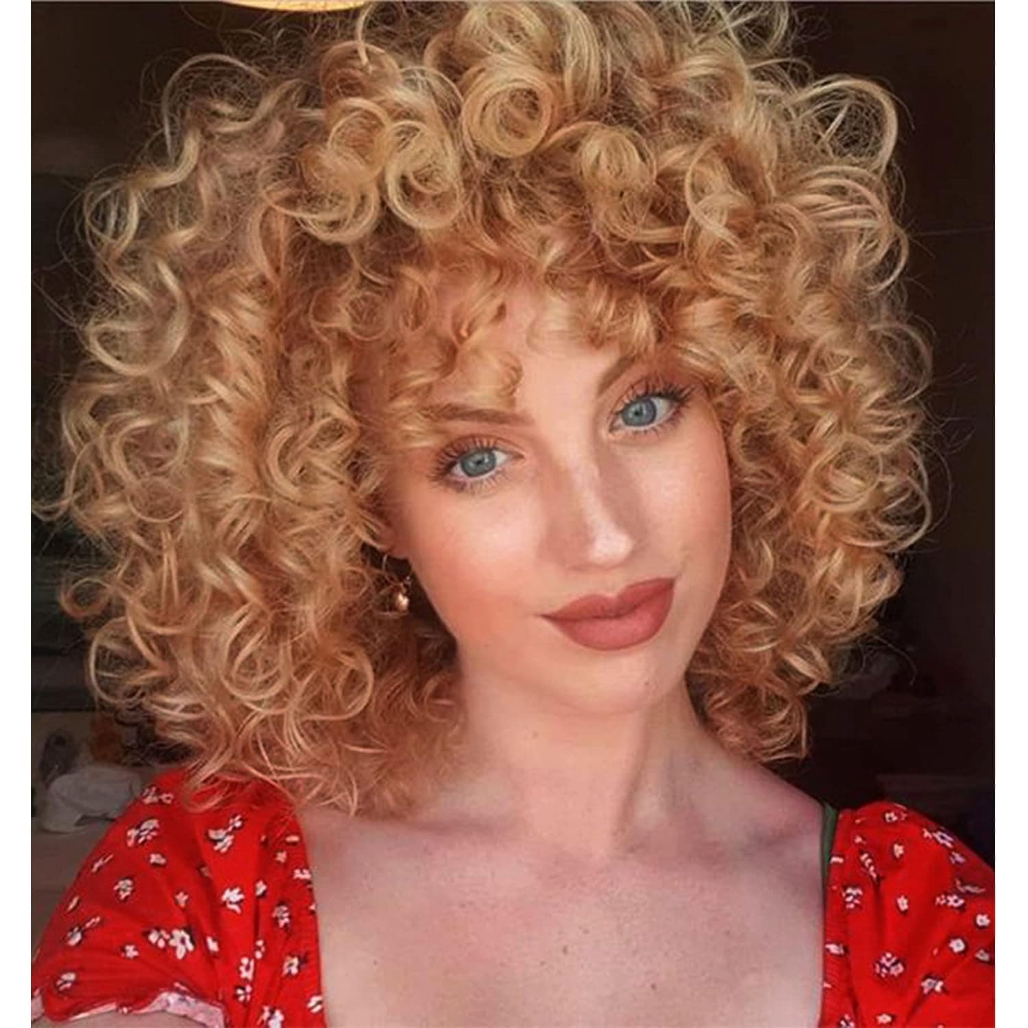 PHOENIXFLY Short Afro Curly Wigs for Black Women Loose Curly Fluffy Shoulder Length Natural Looking Hair Wigs Heat Resistant Hair Replacement Wigs with Wig Caps