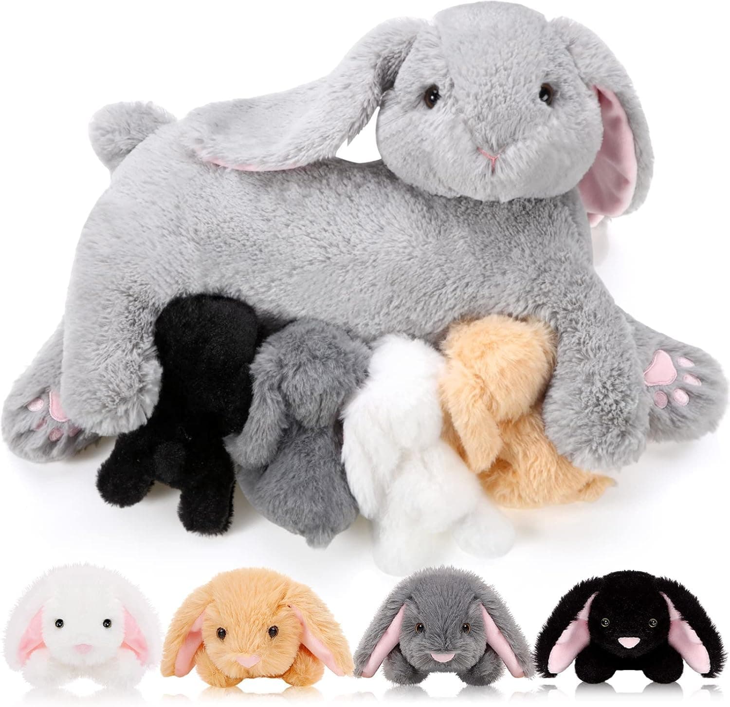 HyDren Nursing Bunnies Stuffed Animal with Baby Plush Rabbits, Soft Cuddly Bunny Plush Toys for Girls and Boys Plushy Nursing Mommy Bunny with 4 Stuffed Baby Rabbits for Birthday Gifts (Gray)