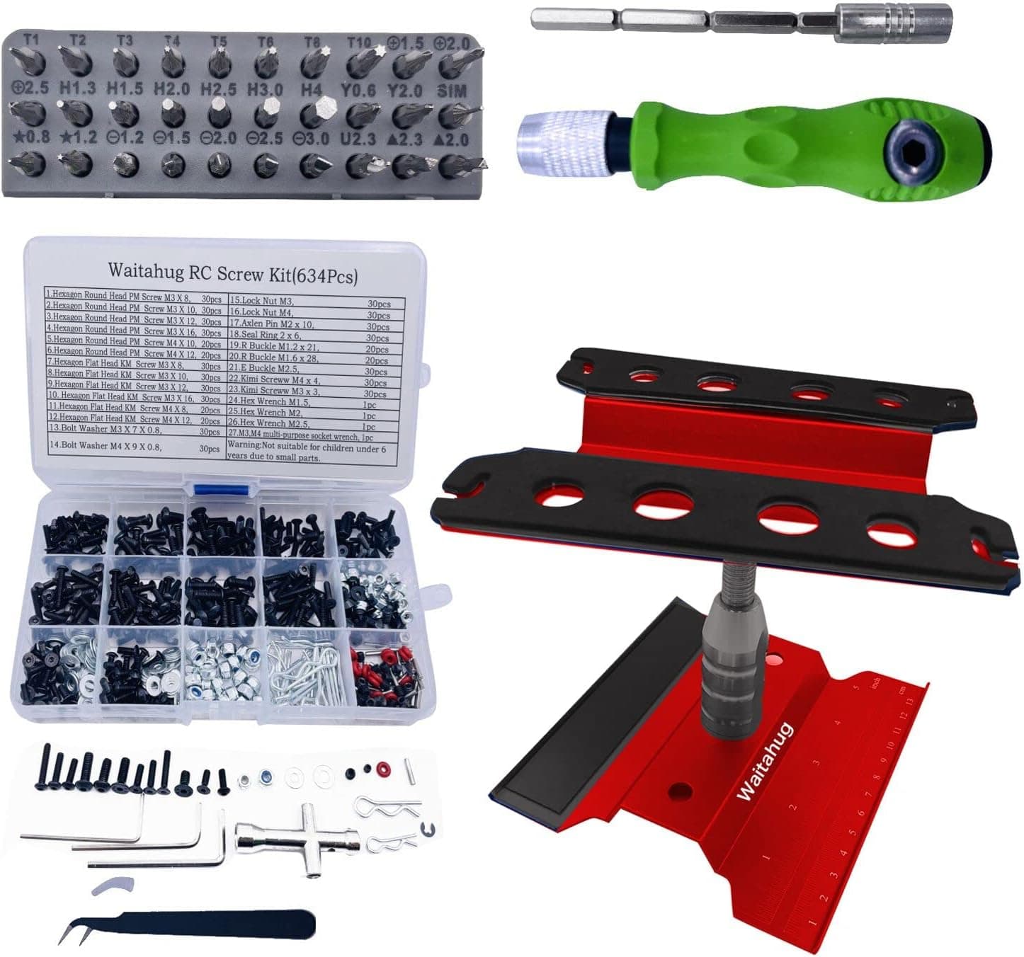 RC Car Repair Tool Set-634 Pcs Screw Kit-360 Degree Rotation Liftable Repair Workbench-32 Pcs Screwdriver Set-for 1/16 1/12 1/10 1/8 Track Truck Buggy Traxxas TRX4 Redcat Axial RC4WD HPI Losi (Red)