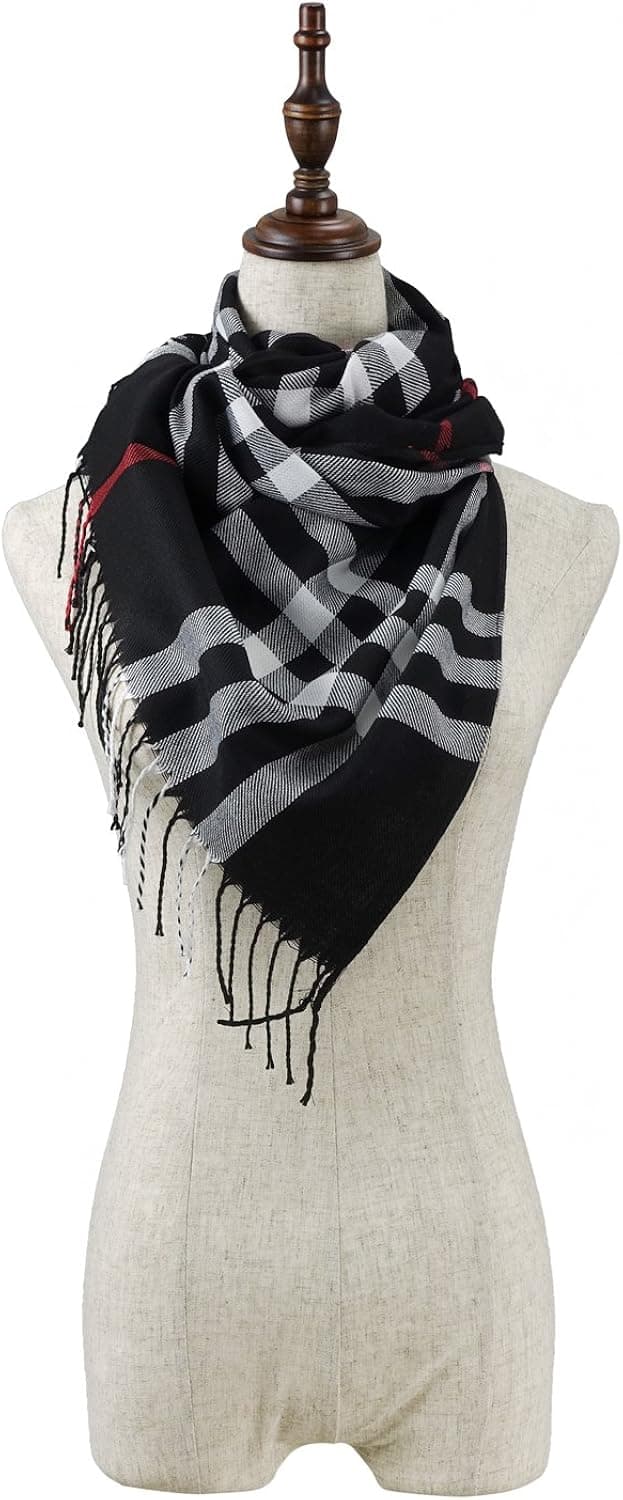 JH FoveamZORESS Women's Long Soft Plaid Tartan Tassels Shawl Big Grid Winter Warm Lattice Large Scarf Blanket Wrap (Black)