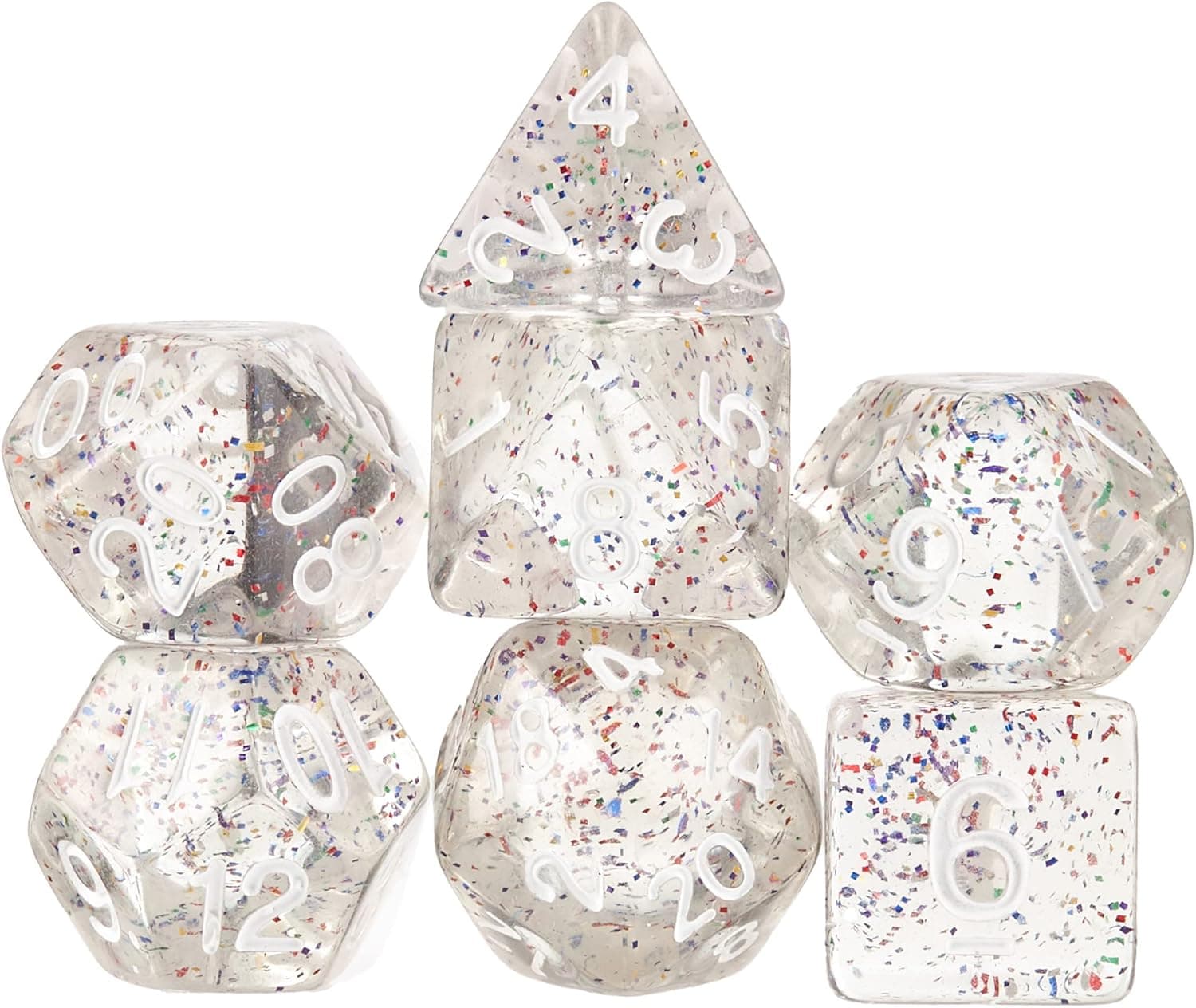 Wiz Dice Sparkle Vomit Set of 7 Polyhedral Dice, Transparent & Rainbow Glitter Tabletop RPG Dice with Clear Display Box