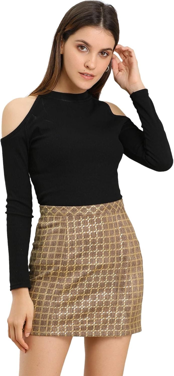 Allegra K Women's Check Slit Hem Faux Suede Mini Skirt