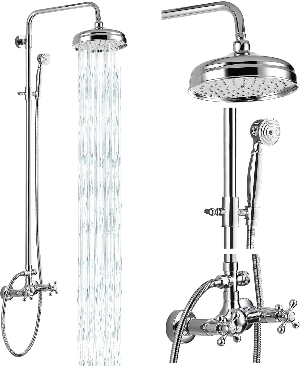 Bathroom Shower Faucet Set Polish Chrome 8 Inch Head Rainfall Shower Fixture Handheld Spray 2 Functions Double Cross Handle Wall Mount Mixer System