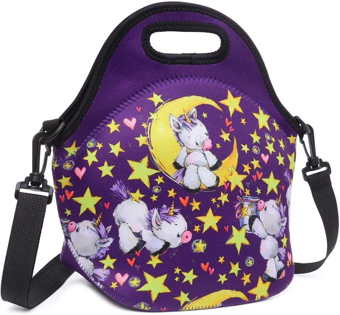 Debbieicy Cute Unicorn Lunch Bag with Adjustable Strap Tote Bag Shoulder Bags for Preschool, Kindergarten, Elementary Girls (Purple Lunch Bag)