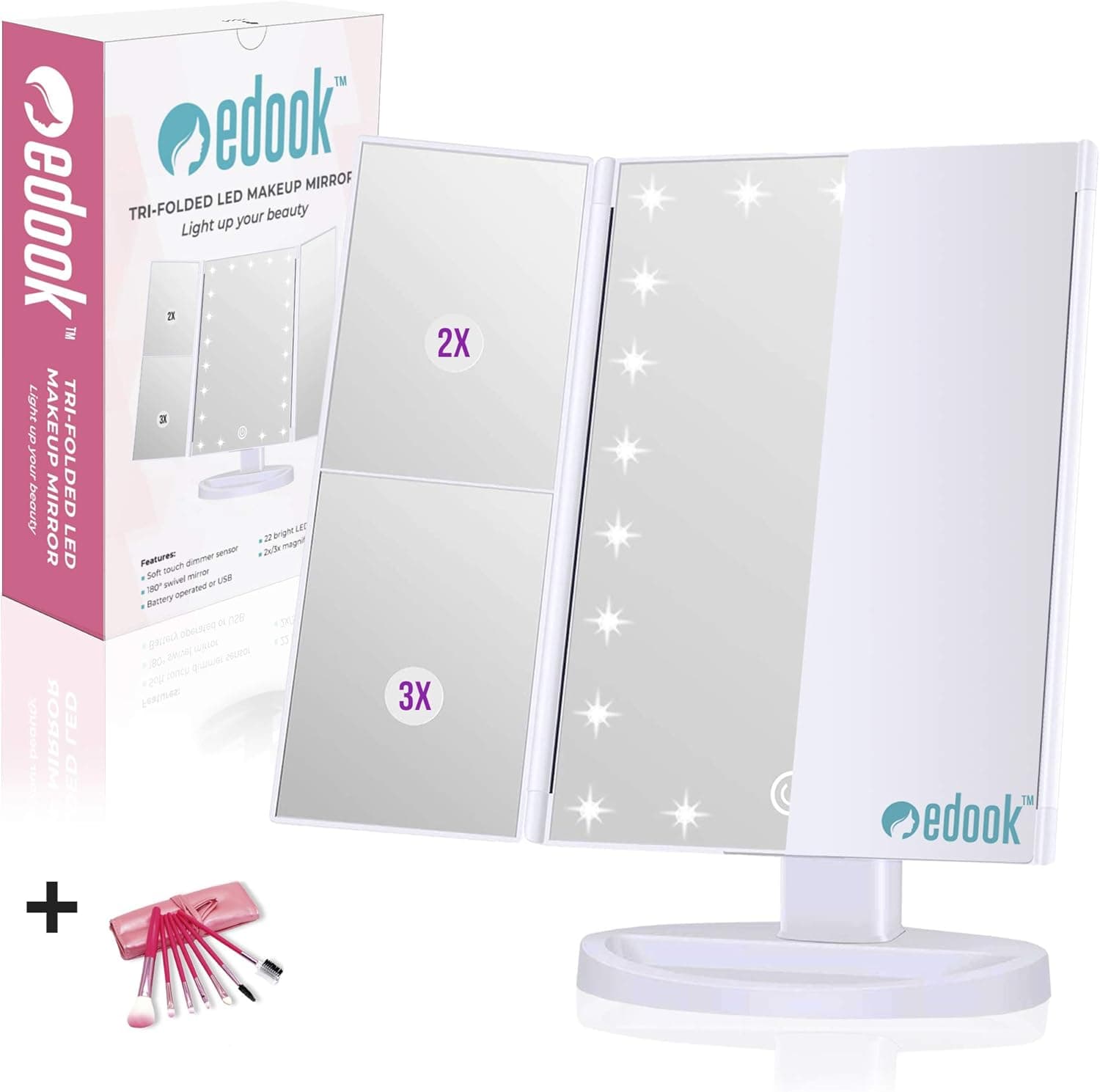EDOOK Makeup Mirror with Lights, 1x 2X 3X Magnification, Lighted Makeup Mirror, Touch Screen Switch, Vanity Mirror with Lights, Dual Power Supply, Portable Trifold Makeup Mirror